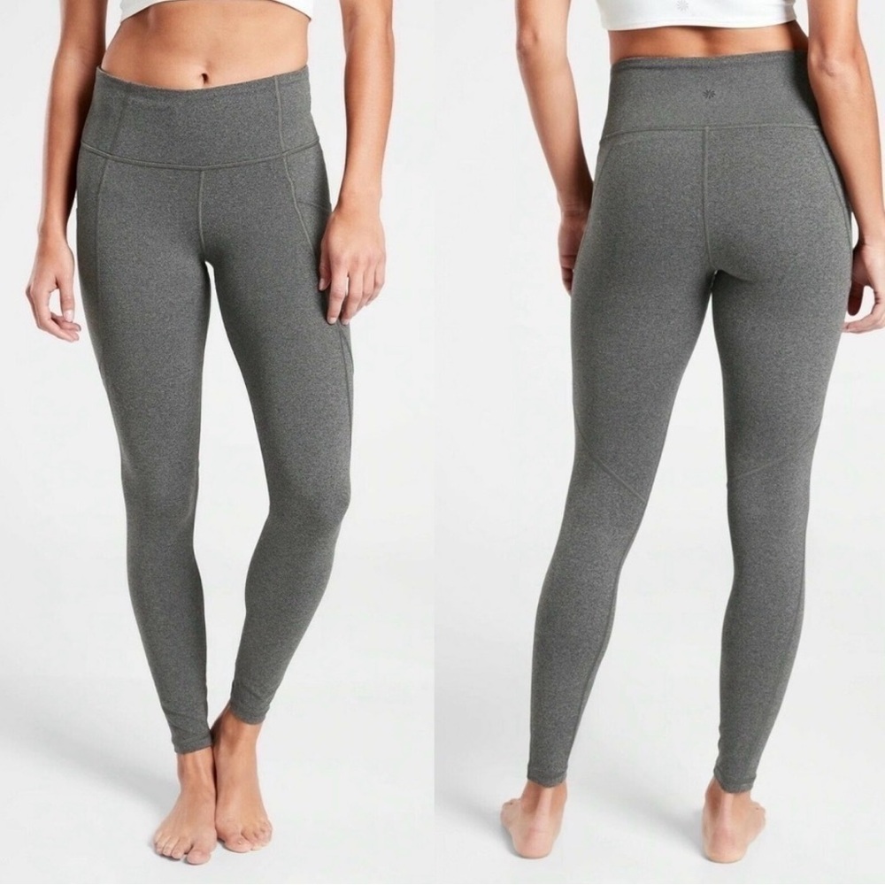 Athleta Stash Pocket Salutation Tight Leggings in Black Heather Size XS Petite